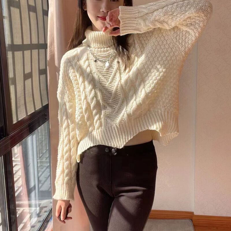 European Station Foreign Trade Autumn and Winter New Style Lazy Design Sweater Retro Twist High Collar Loose Short High Waist Thick
