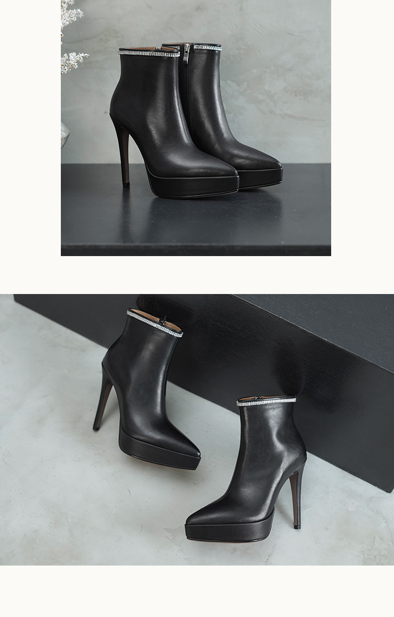 Boot nữ mũi nhọn gót nhọn 12 cm cổ thấp phong cách sàn diễn — đen, màu nâu nhạt chi tiết 7