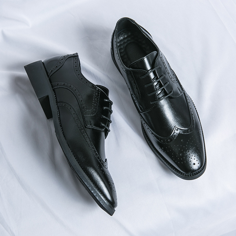 Zapatos de cuero casuales de los hombres del dedo del pie puntiagudo zapatos de cuero genuino británico de negocios de desgaste formal brogue tallado zapatos de los hombres de la capa superior de piel de vaca Derby zapatos image 3