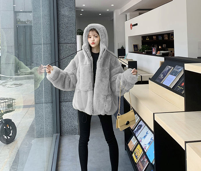 2022 Autumn and Winter New Imitation Fur Coat Women's Imitation Rex Rabbit Fur Hooded Plush Coat Loose Warm