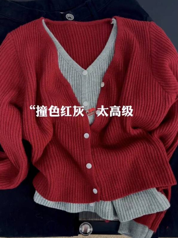 高品质原创！韩系穿搭chic别致假两件早秋撞色针织衫修身显瘦上衣|undefined