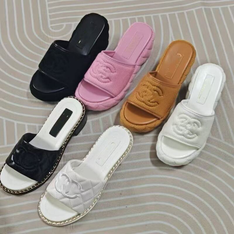 Chanel-Style 25 New Model Handmade Woven Slip-On Wedge Heel Thick-Soled Slippers for Outdoor Wear with Chunky Heel and Diamond Pattern