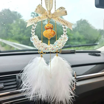 pendant, car interior accessory Car hanging - white-crystal-lily-of-the-valley-gold-embroidered-gourd-ornament-feather