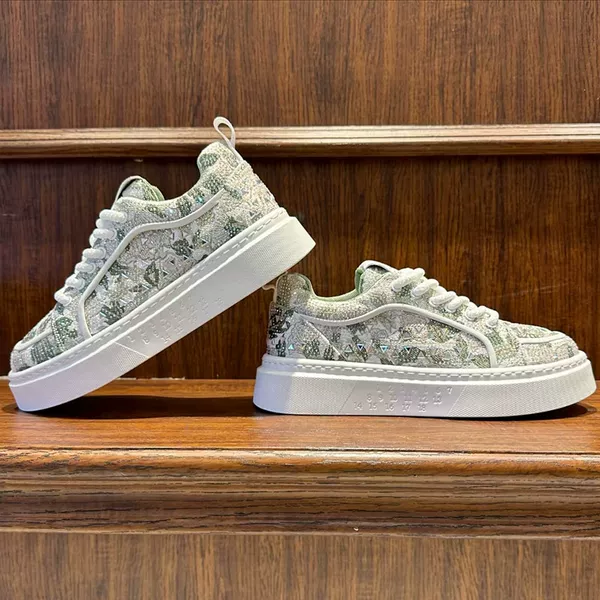 Men's Shoes 2025 Spring New Fashion Versatile Thick-Soled Low-Top Sneakers with Fabric Surface, Rhinestone Print, Lace-Up Casual Shoes Trendy