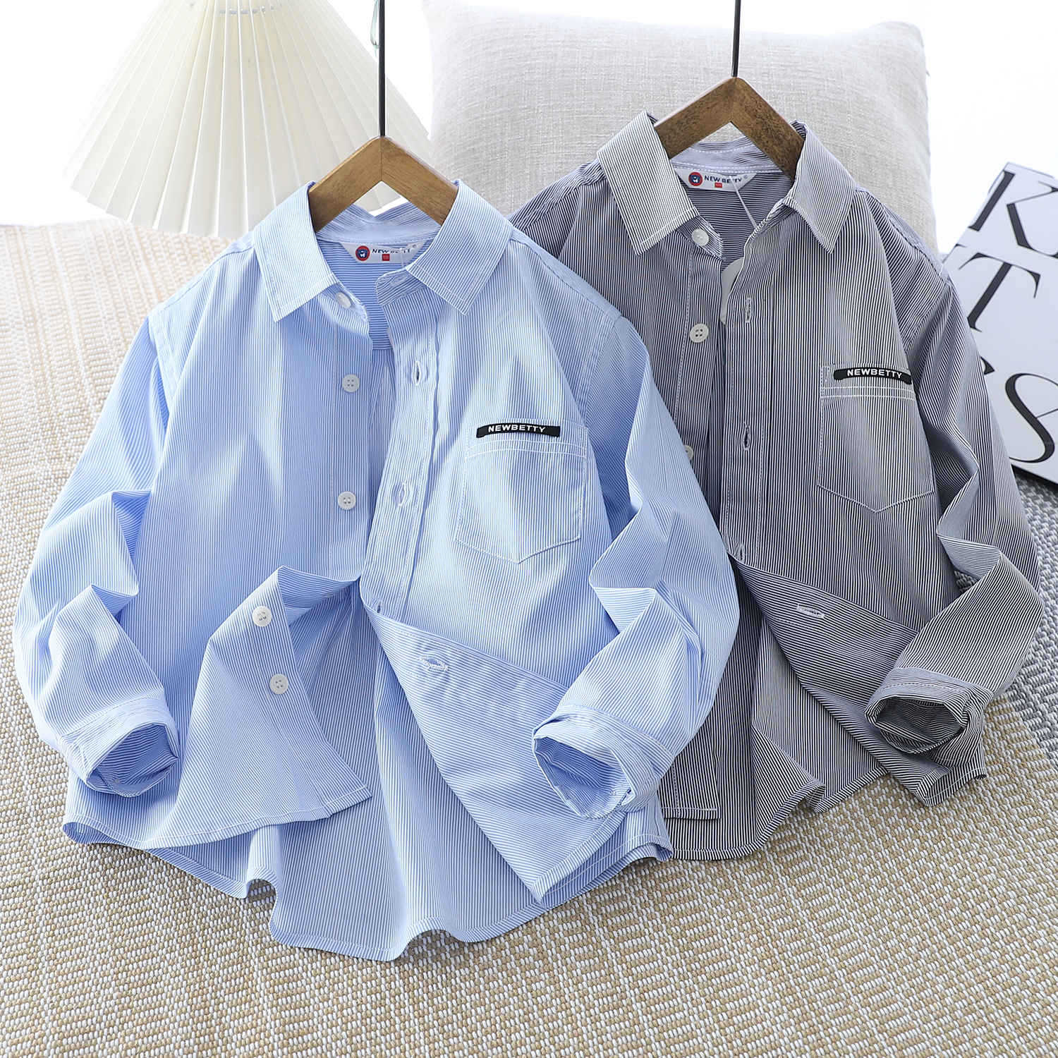 Children's Spring and Autumn Solid Color Pocket Shirt for Medium and Large Children - Long Sleeves, Turn-Down Collar, Loose Fit, Comfortable, Casual, Vertical Stripes, Stylish Buttons