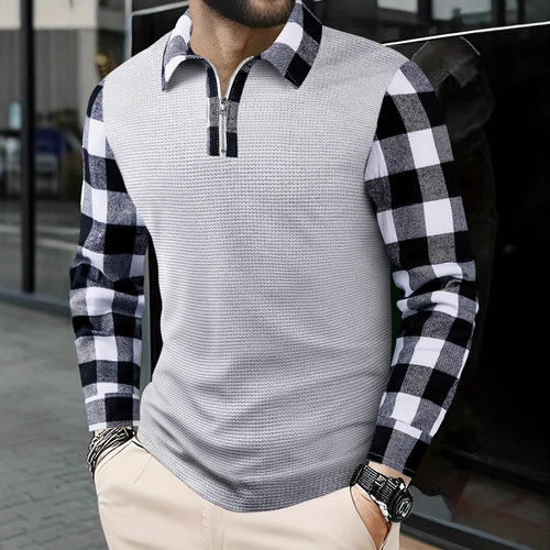 New Men's 3D Printed Casual Long-Sleeve European and American Fashion Simple Trend Polo Shirt