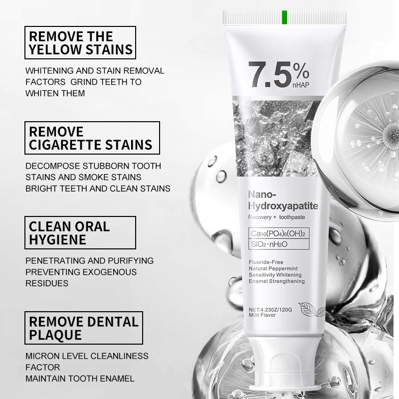 Suministro transfronterizo exclusivo de pasta de dientes sin flúor de hidroxiapatita nanométrica del 7,5% para blanquear los dientes, eliminar manchas y proteger el Esmalte dental 120g image 3