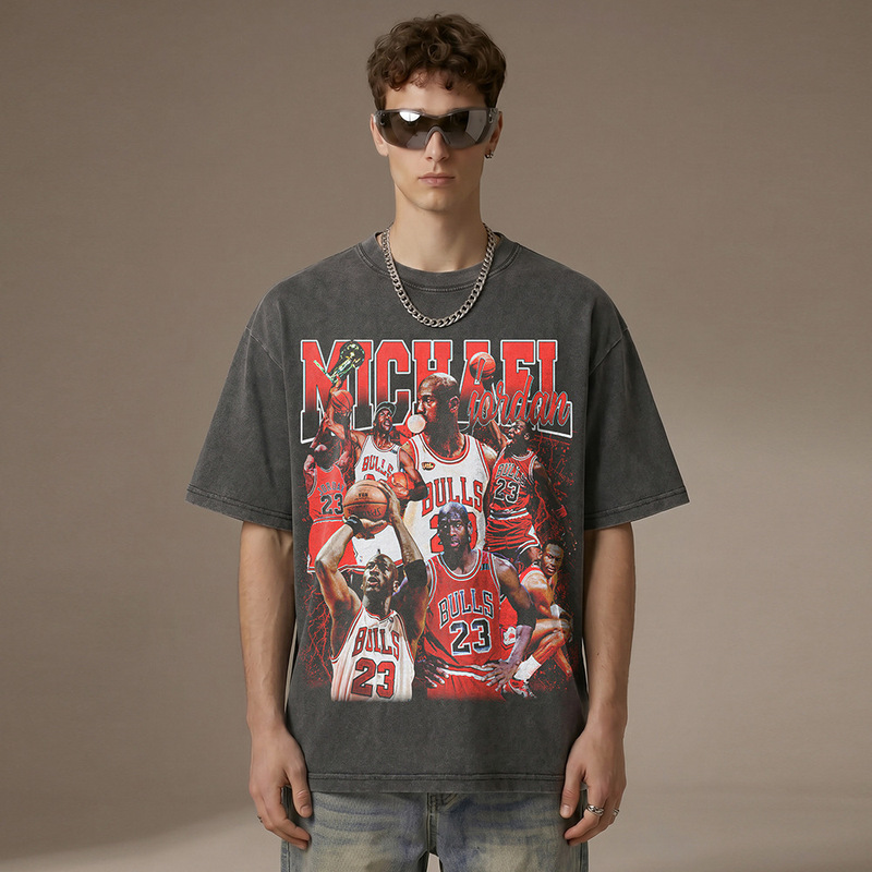 Cross-Border Vintage Distressed Aerial Acrobatics Print Short-Sleeve T-Shirt, Heavy-Duty Distressed American Basketball Street Fashion Top