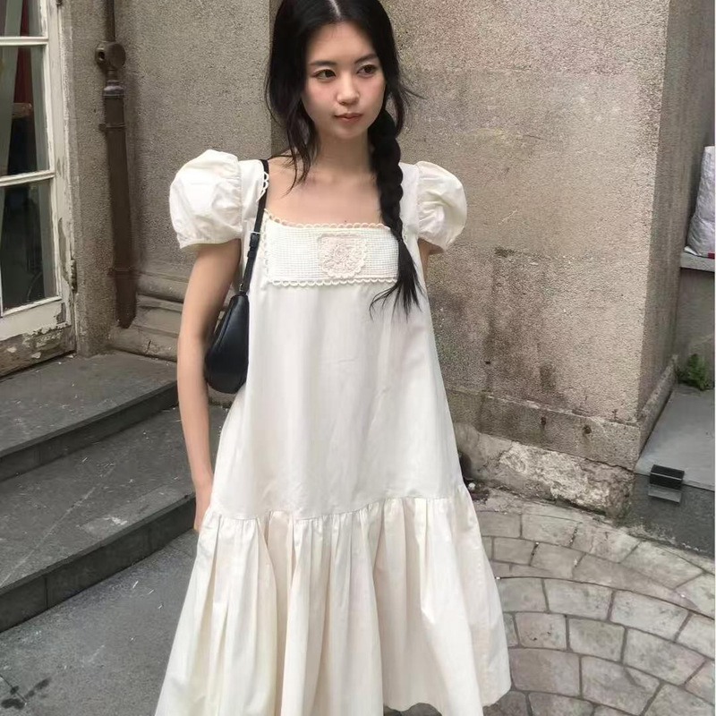 In Stock Withou*Su*Mer New Summer Style Retro Niche Loose Lace Square Neck Puff Sleeve Dress