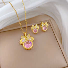 【钛钢】蝴蝶结猫咪套装轻奢气质华丽满钻项链女百搭锁骨钛钢链