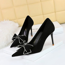 825-H7 European and American Style Fashion Slim Banquet Women's Shoes High Heels Shallow Mouth Pointed Suede Rhinestone Bow Tie Single Shoe