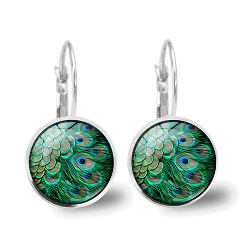 Peacock Feather Time Gemstone Earrings Women's Cross-Border European and American Jewelry Silver French French Ear Hook Jewelry Wholesale