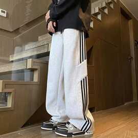 美式条纹卫裤男士春秋季潮牌设计感运动裤子高街百搭直筒阔腿长裤
