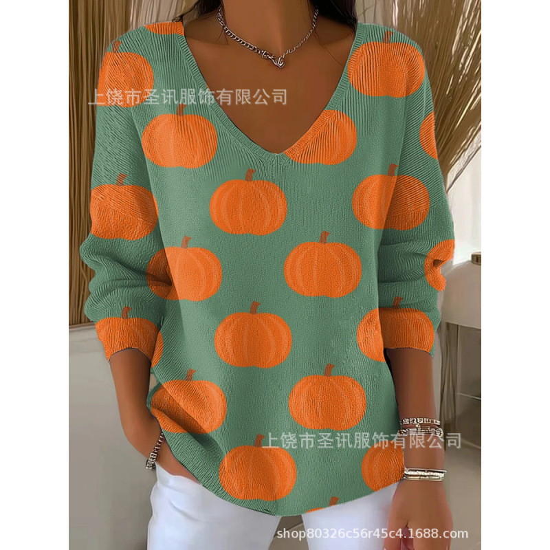 欧美跨境独立站新款3D印花女士时尚渐变色V领长袖T恤上衣|undefined