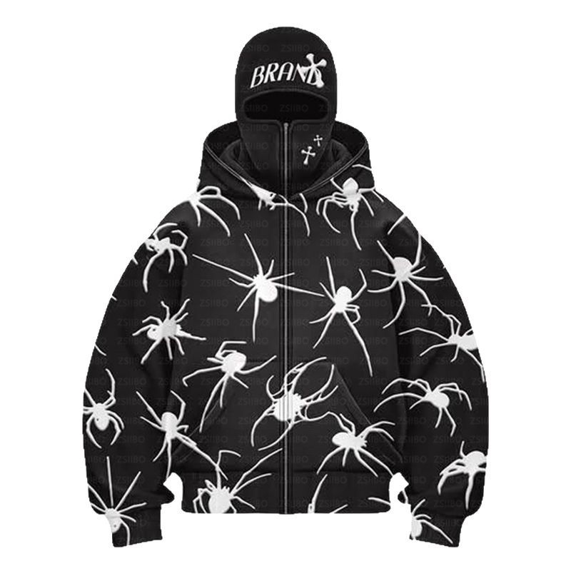 Oumier New Fashion Y2K Personality Street Spider Print Couple Giacca antivento con cappuccio doppio e mascherina_voghion.com