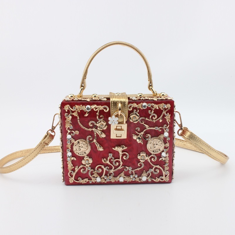 European And American Acrylic Evening Bag Hollow-Out Metal Carved Diamond Inlaid Handbag Shoulder Crossbody Bag For Women - Thumbnail 3