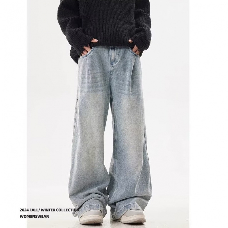 美式褶皱设计水洗浅蓝牛仔裤男女复古百搭情侣休闲阔腿裤子浅蓝色