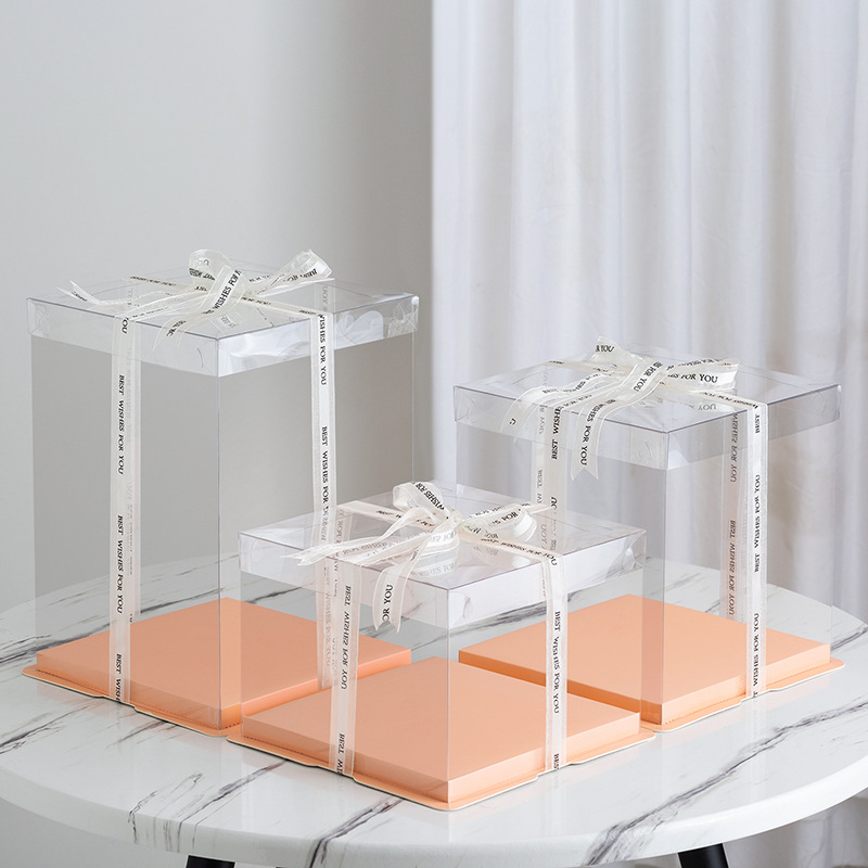 现货批发5套4寸单层烘焙包装三合一全透明黑白粉蓝红生日蛋糕盒子