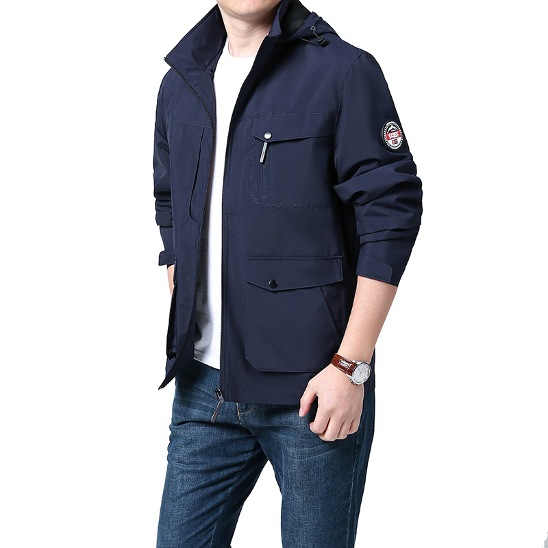 Primavera y otoño al aire libre suelta de tamaño grande chaqueta de hombre de mediana edad desmontable sombrero impermeable abrigo de asalto casual abrigo