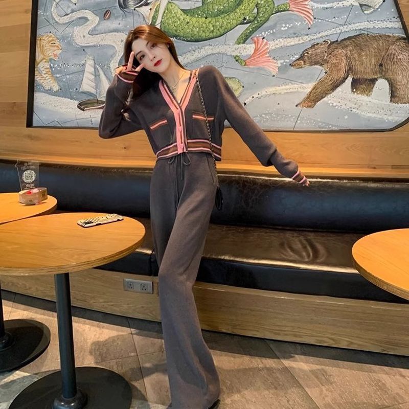 小香风套装女2025秋季新款高级感小众设计拼接开衫阔腿裤两件套|undefined