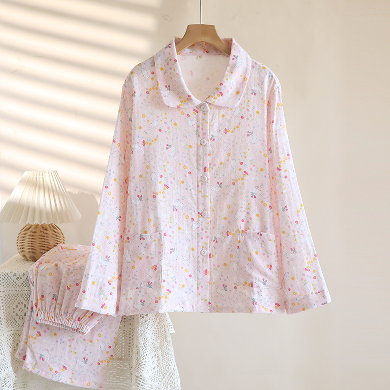 반짝이 꽃 토끼 - 긴팔 거즈 홈웨어 세트