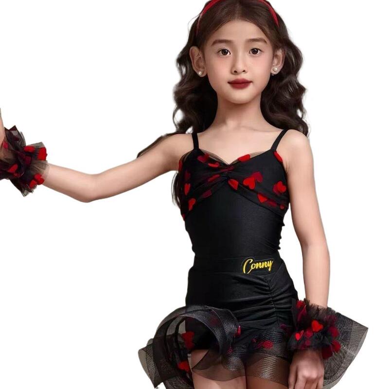 コニーダンス服子供ラテンダンスかわいいふわふわプリンセススーツ赤いノースリーブサスペンダー練習服女の子パフォーマンス|undefined