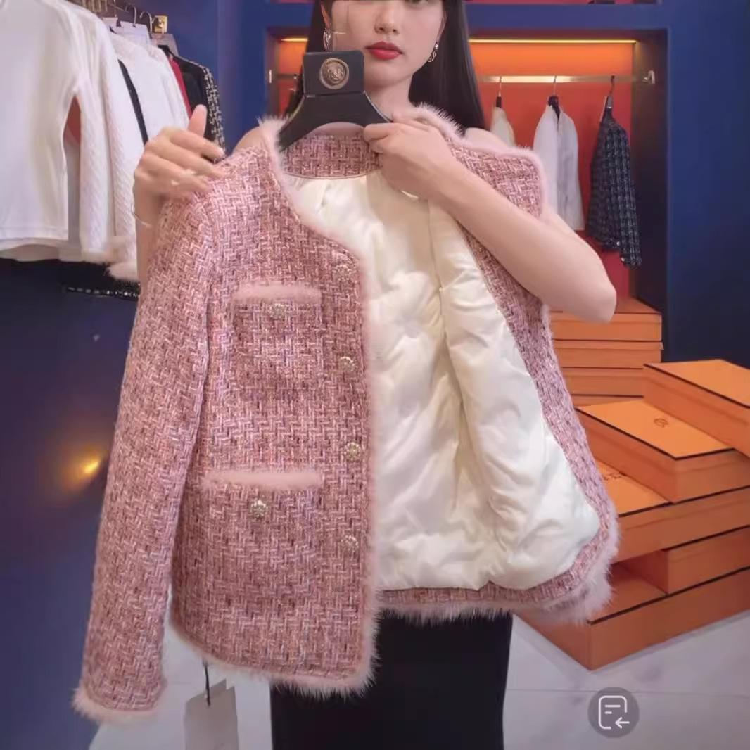 Pink Chanel Style Thick Coat Women's Autumn and Winter 2024 New Style Elegant Exquisite Women's Short fleece-lined Thickened All-match