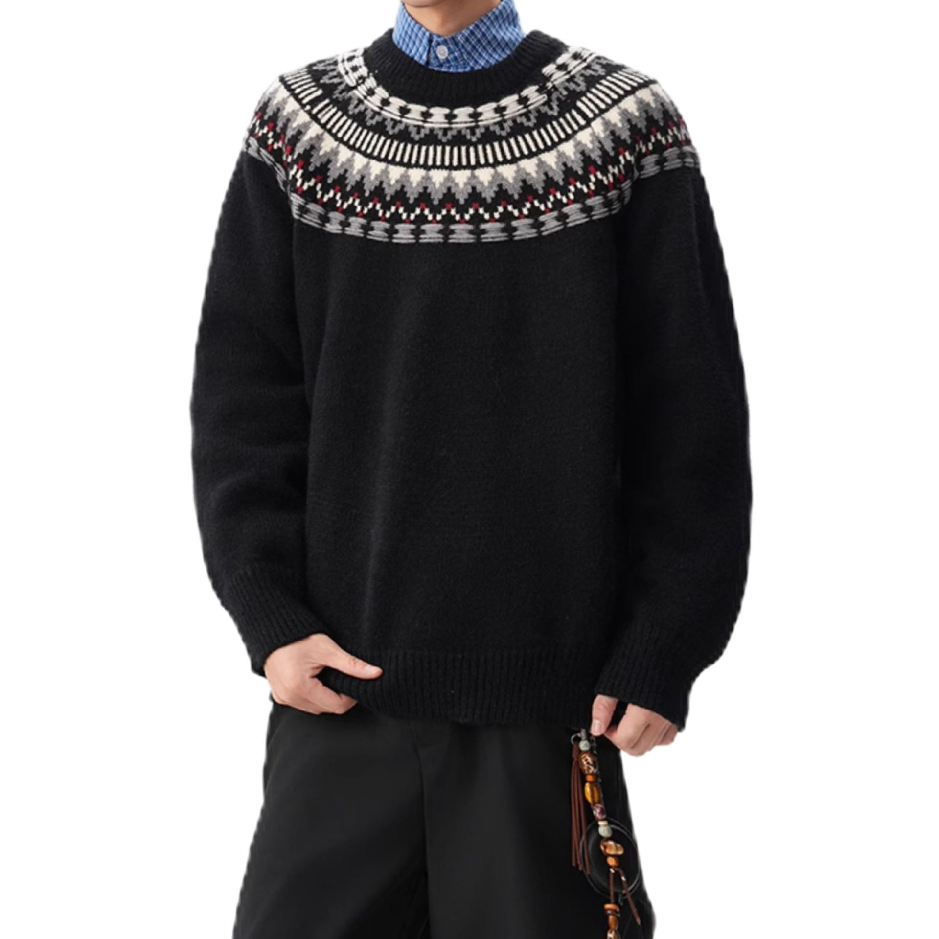 Explosiones transfronterizas de tamaño europeo de tamaño grande Fair Island Jacquard suéter de punto de Navidad hombre cuello redondo fábrica de moda al por mayor