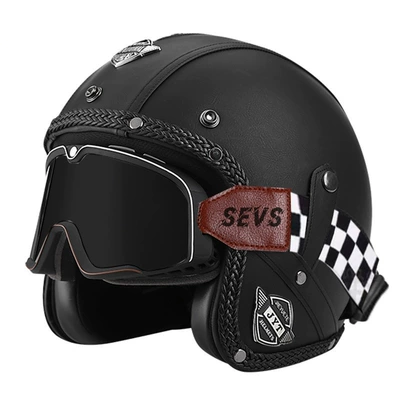 and Women's Motorcycle Leather Helmet | Motorcycle Safety Supplies - 555-leather-helmet-black-large-frame-goggles-black-mirror-s