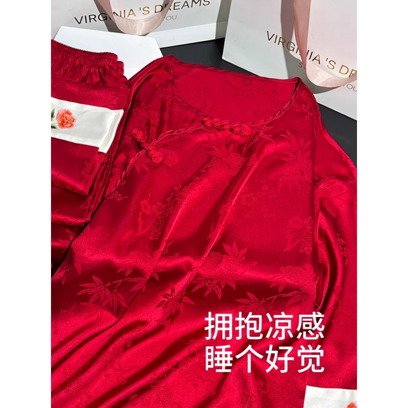 브닝 니언 파자마 여성 여름 아이스 실크 중국 스타일 국가 스타일 실크 새 스타일 빨간 버클 홈 옷 가슴 패드