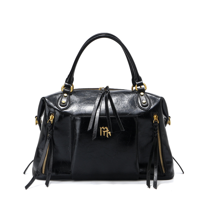Genuine Leather Boston Bag Motorcycle Style Cowhide Bowling Bag Women's Large Capacity Tote Commuter Handbag Pillow Bag - Thumbnail 5