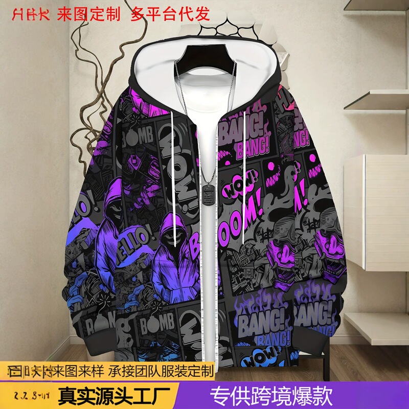 New men's zip-up hoodie - lightweight outdoor sports sweatshirt, stylish printed design, cross-border printing New men's zip-up hoodie - lightweight outdoor sports sweatshirt, stylish printed design, cross-border printing
