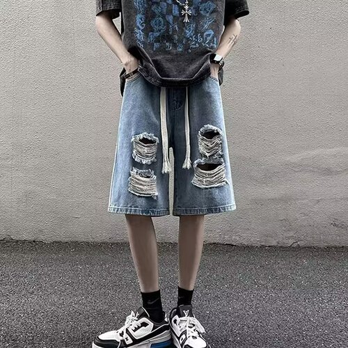 Men's Summer Thin Hole Five-Piece Denim Shorts, Japanese Style, Elastic Waist, Loose, Retro Streetwear Brand Casual Straight Leg Pants
