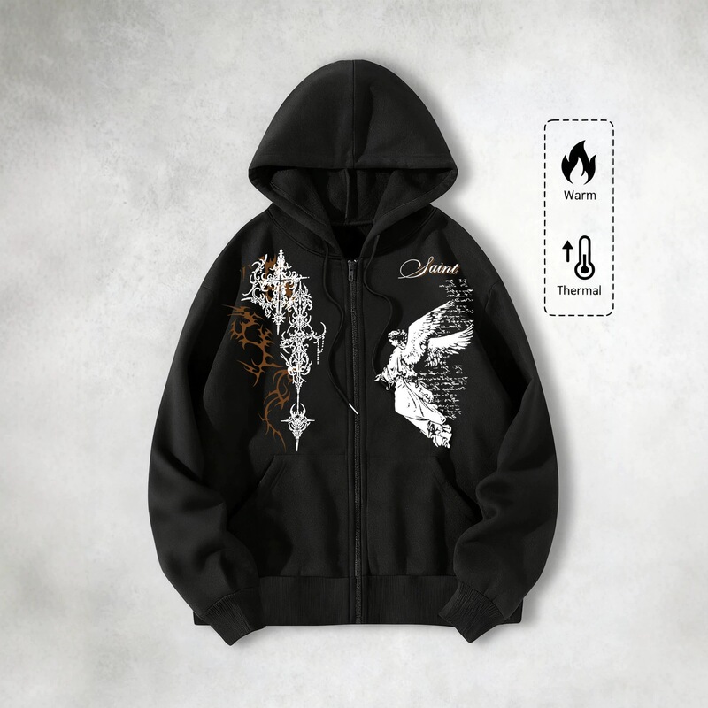 Saint Angel Script Print Zipper Hoodie for Men, Loose Fit Gothic Subculture Trendy Brand Cardigan Hoodie Saint Angel Script Print Zipper Hoodie for Men, Loose Fit Gothic Subculture Trendy Brand Cardigan Hoodie