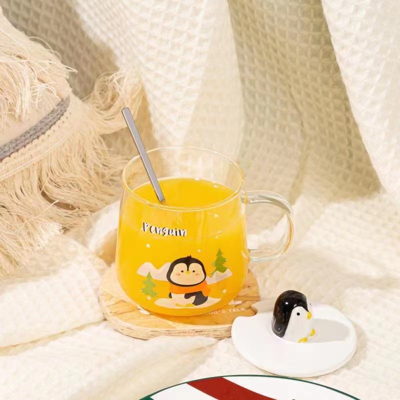 Dibujos Animados lindo 3D pingüino taza de cristal con tapa cuchara limón Corea Oficina beber