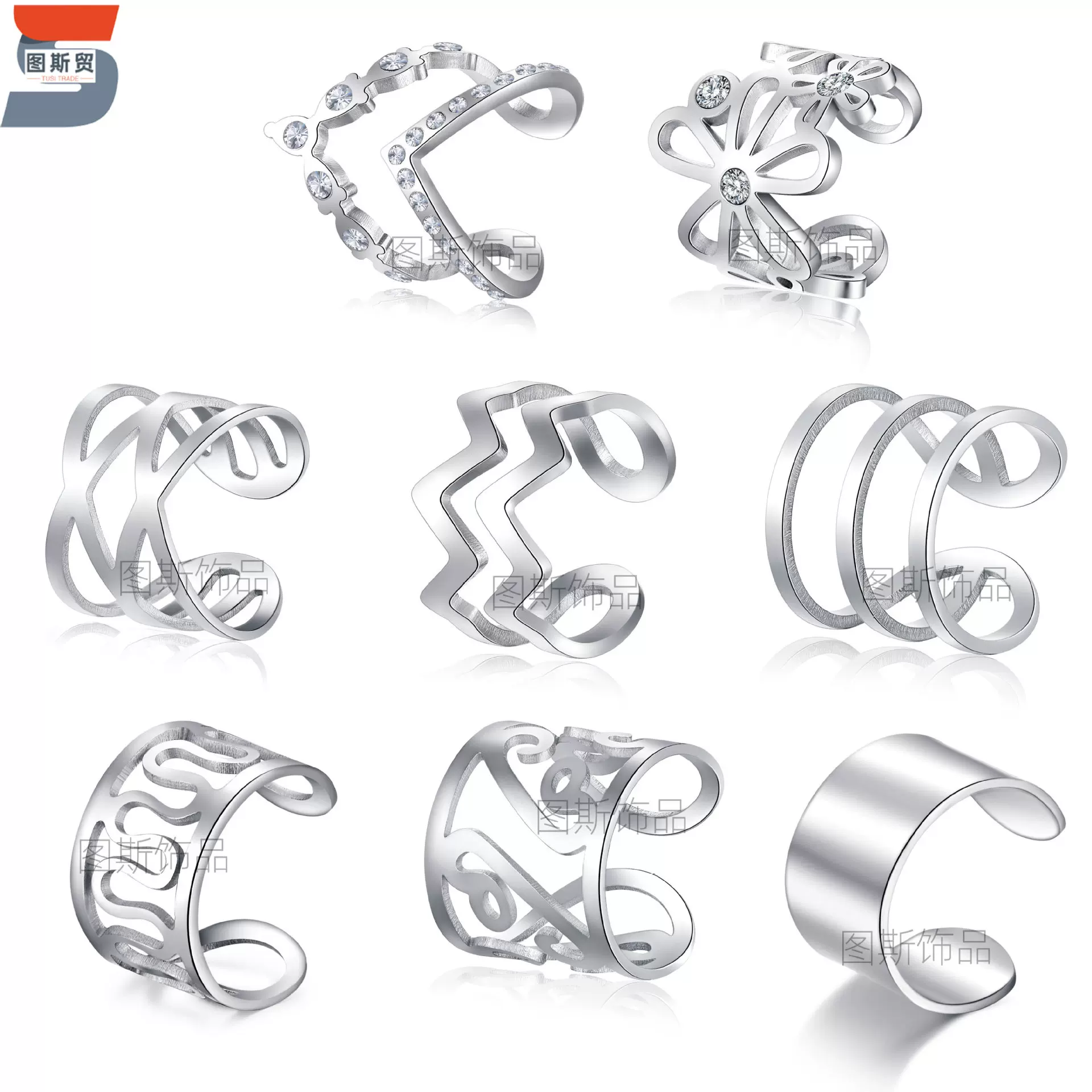 跨境个性U型波浪耳夹 欧美耳饰无耳洞 不锈钢镂空花纹耳环耳骨夹