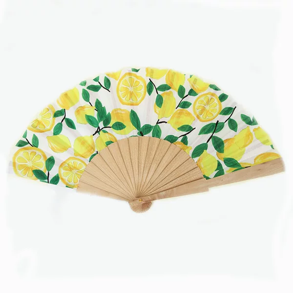 In-Stock 23cm Spanish Wooden Fan, Portable Folding Fan, Polyester Cotton Lemon Wood Fan, Available for Dropshipping, Labelable Fan
