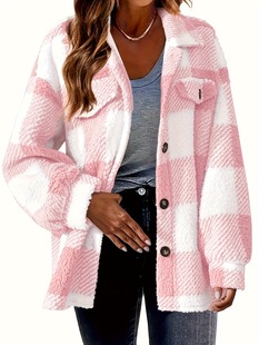2025 Cross-Border New European and American Plaid Pattern Button Front Teddy Bear Long-Sleeved Jacket