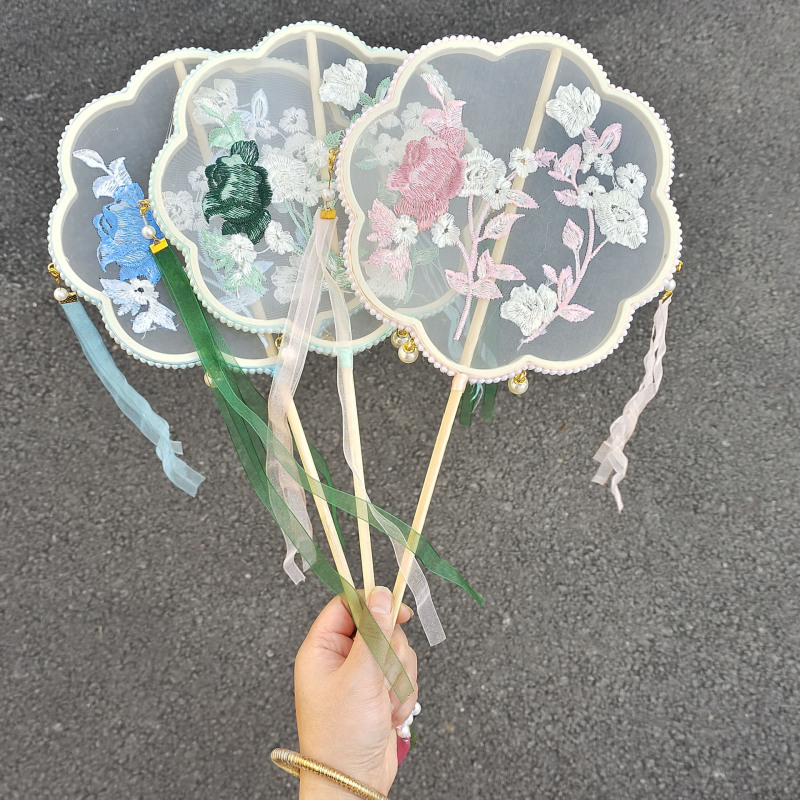 中国风复古刺绣手工扇团扇丝带款汉服拍照跳舞扇古装手持古风扇子|undefined