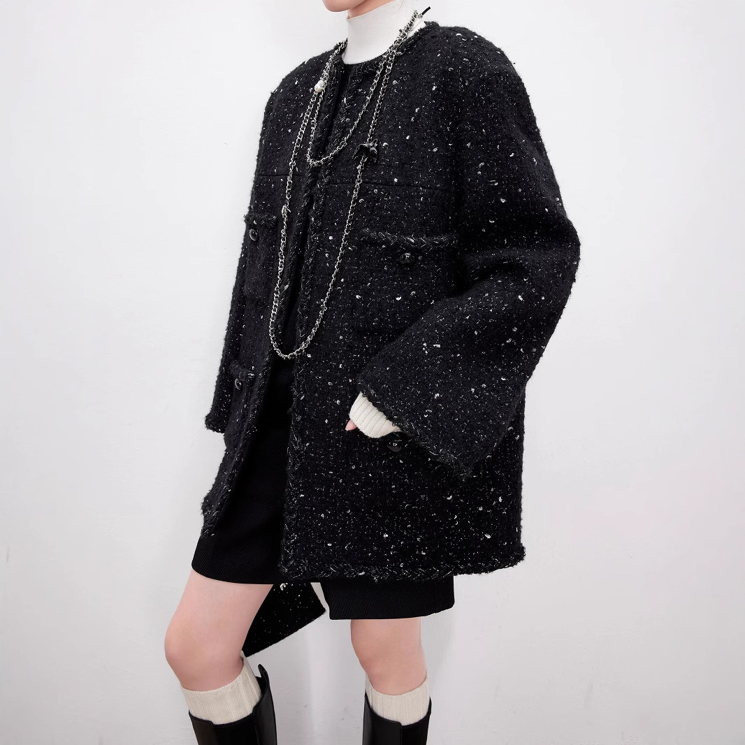 2025 Spring New Women's Casual Top, Elegant Light Luxury French Black and Gold Tweed Chanel-Style Short Jacket for Women