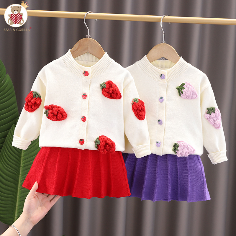 Mädchen Erdbeere 2024 Frühjahr Neue Baby Modische Obst Set Kinder Strickjacke Pullover Kleid_voghion.com