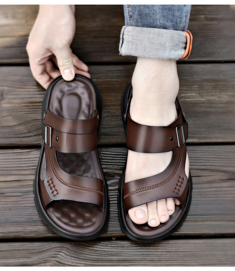Dép sandal nam quai ngang đế bằng mềm nhẹ thoáng khí kiểu hai cách mang — Màu nâu, màu đen chi tiết 24