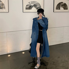 T5C水洗牛仔风衣外套秋季宽松复古长款高级感大