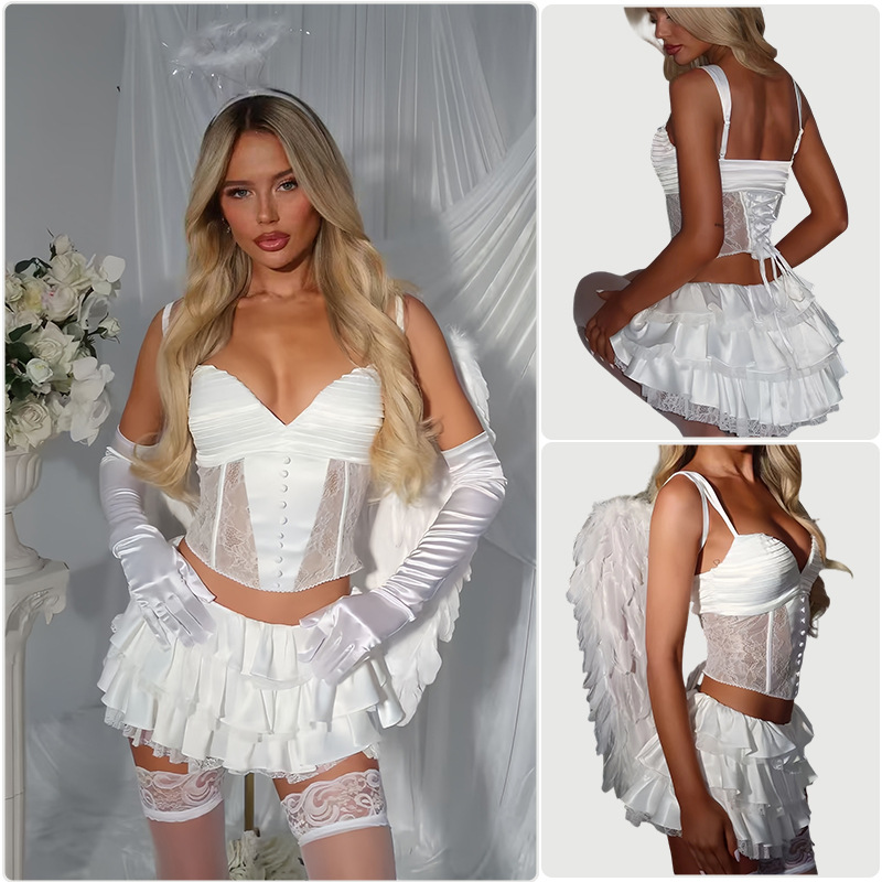 Costume de scène d'ange blanc neuf, soutien-gorge à bretelles en dentelle, jupe courte à volants multicouches_voghion.com