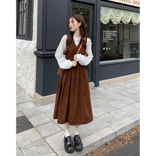 Corduroy Autumn Wear Sweet Mori-Style Mid-Length Waist-Slimming A-Line Dress with V-Neck and Suspenders Women's Suit Dress