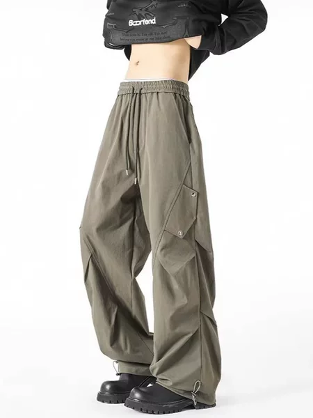 Functional Paratrooper Cargo Pants for Men, Spring and Autumn Trendy American High Street Style, Pleated Design, Casual Versatile Wide-Leg Pants