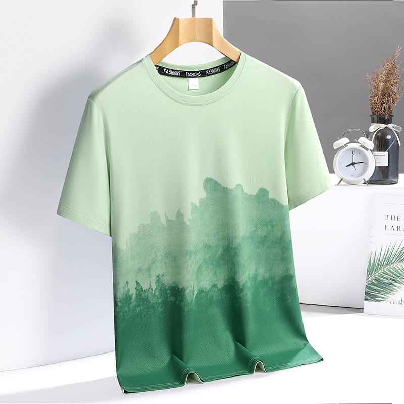 Camiseta de manga corta de seda de hielo para hombres, aire acondicionado transpirable con estampado de verano, secado rápido, estiramiento, ocio, fresco, deportes, tops sueltos para hombres