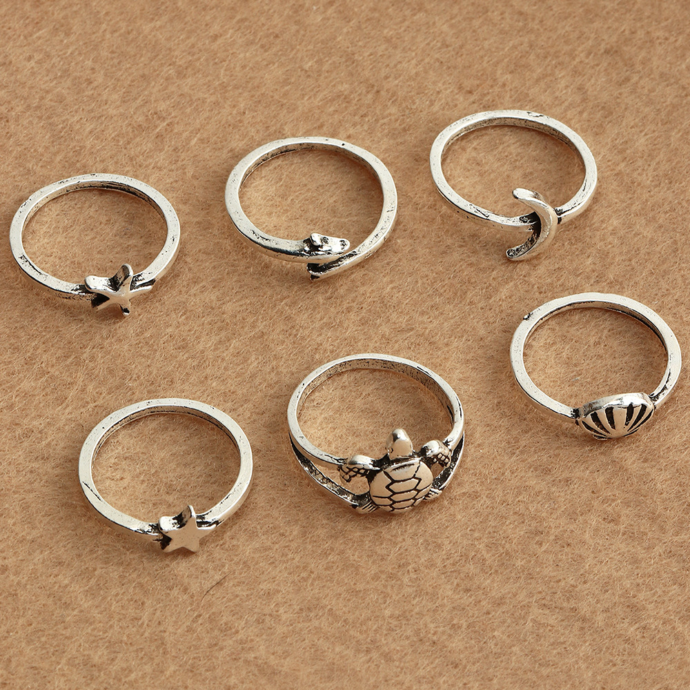 Retro Animal Turtle Scallop Ring 6-piece Set display picture 3