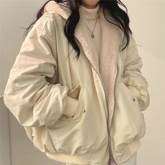 韓国のベルベットは両面に羊の小毛の綿服の女装コートを着ている冬の新しいジッパーと帽子の綿服の上着を厚くした