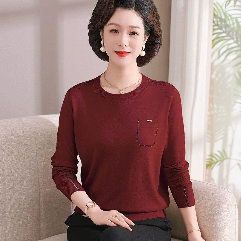 Трикотажный свитер среднего и пожилого возраста топ с длинными рукавами футболка иностранного цвета маленькая рубашка мама весна 2025 новая тонкая нижняя рубашка
